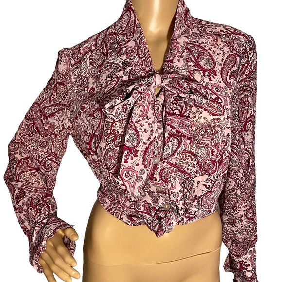 VINTAGE DANA GIBSON SHIMMERY PAISLEY FLORAL RUFFLE SLEEVE PUSSY BOW BLOUSE  SZ M - Picture 16 of 16